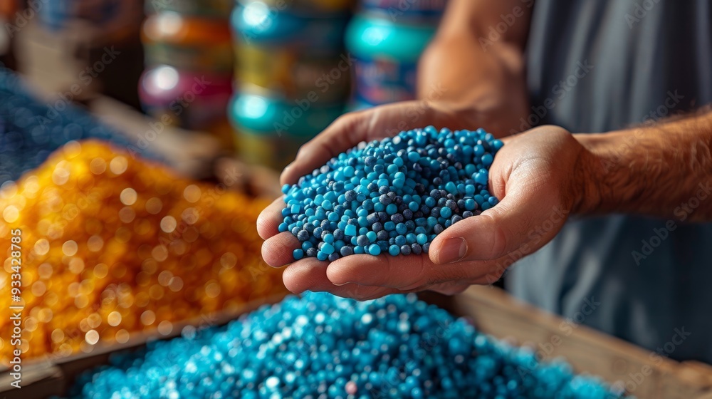 Close-up of hands holding blue plastic polymer granules in factory setting Close-up of hands holding blue plastic polymer granules in factory setting