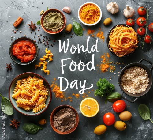 An assortment of fresh ingredients, spices, and food items arranged creatively around 'World Food Day' text. photo