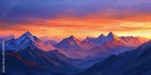 Mountain range at sunset, painted style.