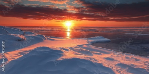 Snowy landscape at sunset over frozen sea.