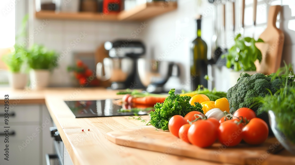 A kitchen counter with fresh vegetables and a kitchen appliance in the background. A kitchen counter with fresh vegetables and a kitchen appliance in the background.