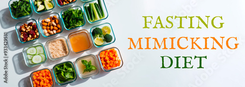 Small lunch boxes arranged on a white background, with healthy foods for the Fasting Mimicking Diet FMD. The lunch boxes contain a variety of low-calorie ingredients. Sunlight. Concepts of healthy eat photo