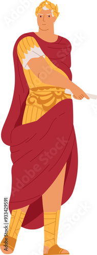 Roman emperor in laurel crown and cape. Gaius Julius Caesar, dictator and general of Ancient Rome. Julio Cesar, historical character. Flat vector illustration isolated on white background.