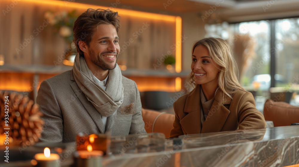 Smiling couple at hotel reception desk enjoying their stay Smiling couple at hotel reception desk enjoying their stay