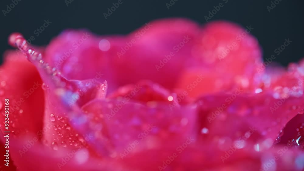 Selective focus of rotating rosebud with water droplets. Beautiful rose flower background. Wedding backdrop, Valentine's Day concept Selective focus of rotating rosebud with water droplets. Beautiful rose flower background. Wedding backdrop, Valentine's Day concept