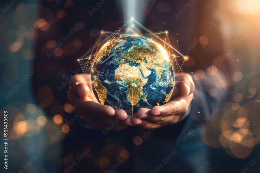 Businessman holding digital earth, global network, blurred backdrop, futuristic business tech, photorealistic, cinematic light. Businessman holding digital earth, global network, blurred backdrop, futuristic business tech, photorealistic, cinematic light.