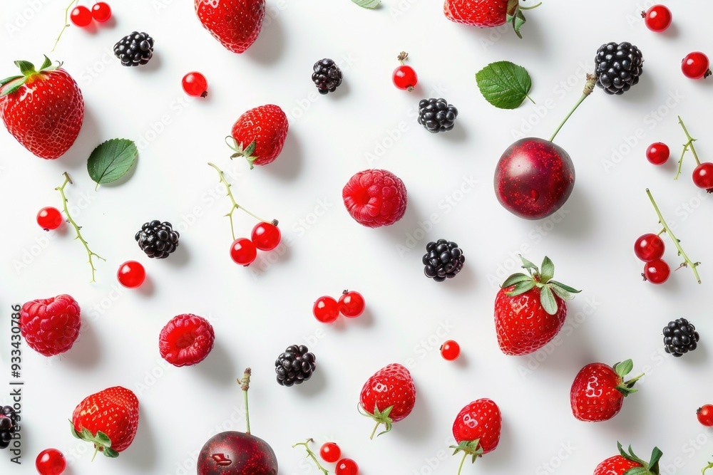 Fresh berries and cherries arranged on a clean white surface, ideal for food or still life photography Fresh berries and cherries arranged on a clean white surface, ideal for food or still life photography