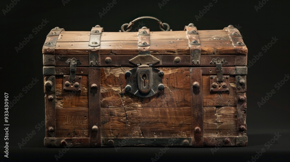 A timeworn wooden chest discovered in an attic, its lock sealed for centuries, its contents untouched, filled with forgotten treasures from a bygone era. A timeworn wooden chest discovered in an attic, its lock sealed for centuries, its contents untouched, filled with forgotten treasures from a bygone era.
