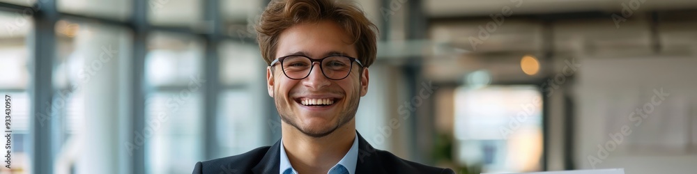 Smiling young businessman, office setting, glasses, holding document confidently. Smiling young businessman, office setting, glasses, holding document confidently.