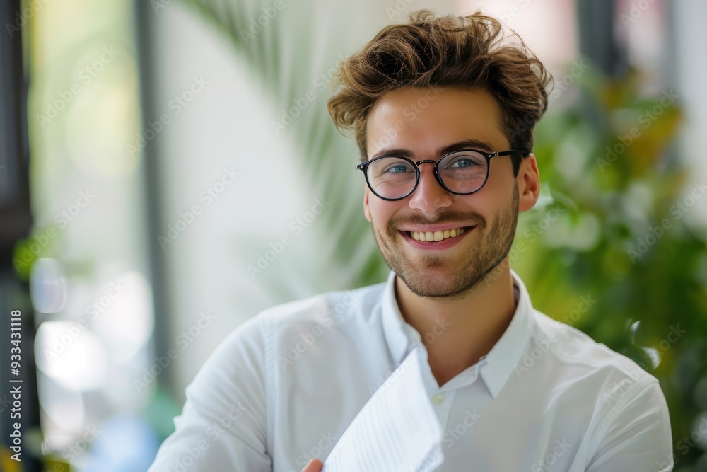 Smiling young businessman with glasses, office setting, holding document confidently.