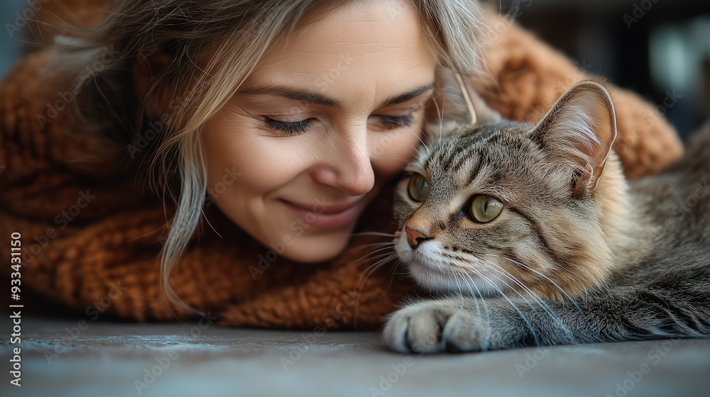 Woman lying on the floor, nose to nose with a tabby cat Woman lying on the floor, nose to nose with a tabby cat