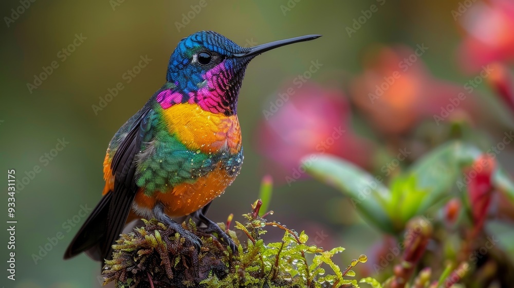 Fototapeta premium Fiery-throated hummingbird perched on mossy branch with vibrant plumage