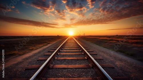 A train track stretching towards the horizon, with the sun rising behind it and creating a stunning silhouette.