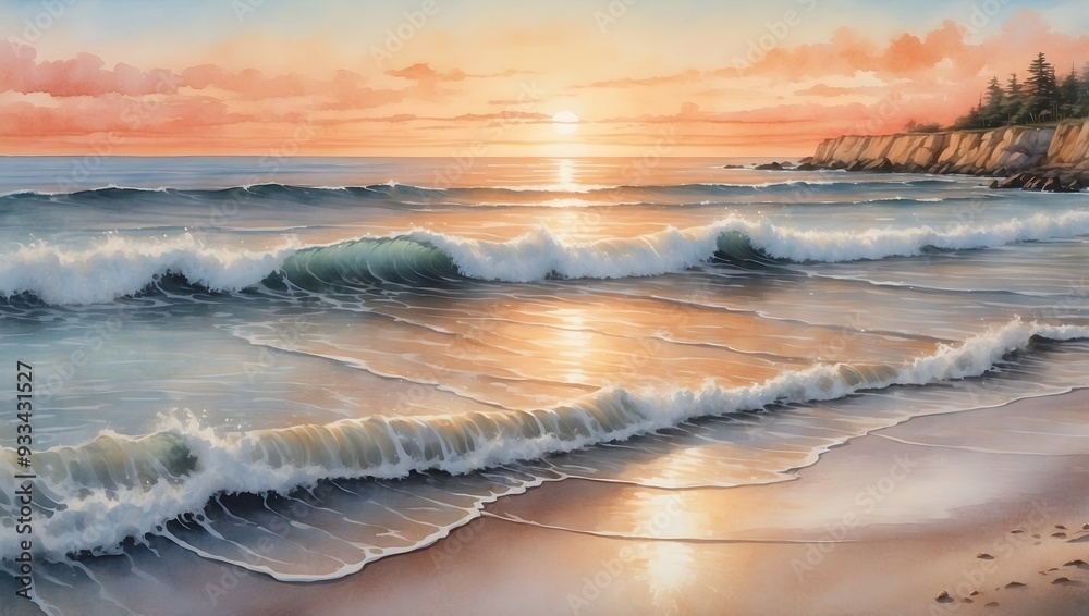 Aquarell - Landschaft - Stimmungsvoller Sonnenuntergang am Meer