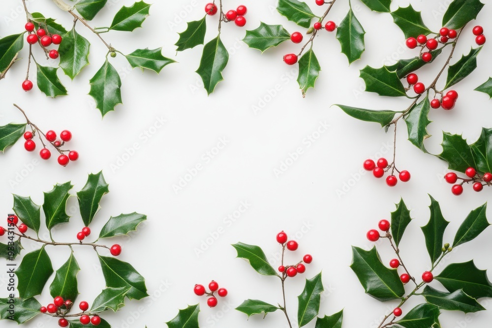Holly berries and evergreen branches on white, flat lay, Christmas banner. Holly berries and evergreen branches on white, flat lay, Christmas banner.