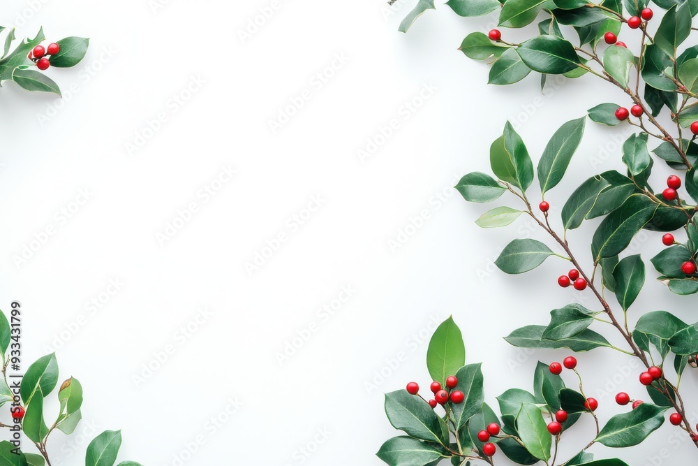 Holly berries and evergreen branches on white, flat lay, Christmas banner.