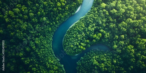 Stunning aerial shot capturing the vastness of an endless green forest and the winding river that cuts through it