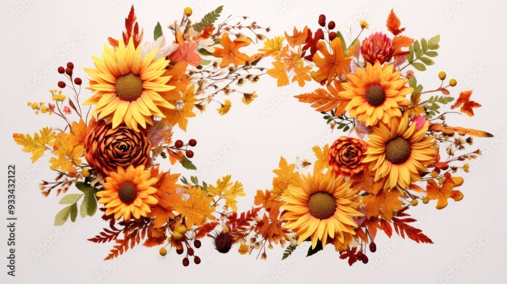 A vibrant autumn wreath composed of a variety of colorful leaves, including maple, oak, and aspen, adorned with delicate autumn flowers, such as sunflowers, daisies, and chrysanthemums