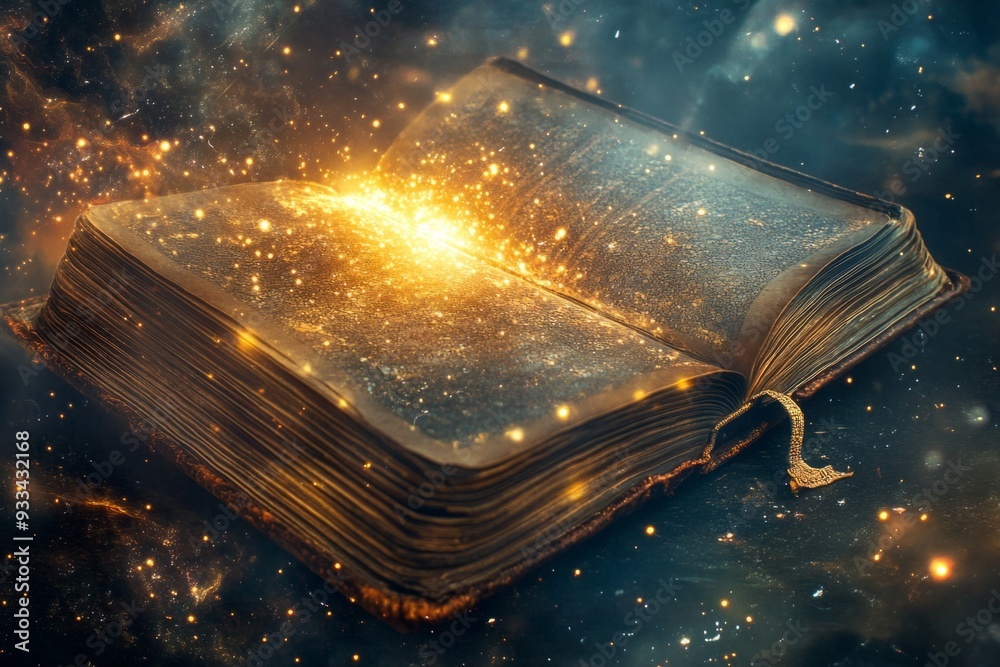 Obraz premium A magical open book suspended in a cosmic space. Stars and light burst from its pages. This image captures wonder and imagination. Perfect for fantasy themes. Generative AI