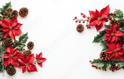 Poinsettia, pine cones, mistletoe border on white with copy space