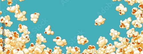 Scattered popcorn on turquoise background with illustration style, with floating kernels.
