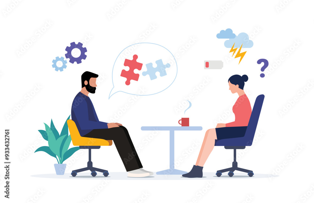 Consultation with therapist, mental health, psychoanalysis or therapy session vector illustration with man and a women talking Consultation with therapist, mental health, psychoanalysis or therapy session vector illustration with man and a women talking