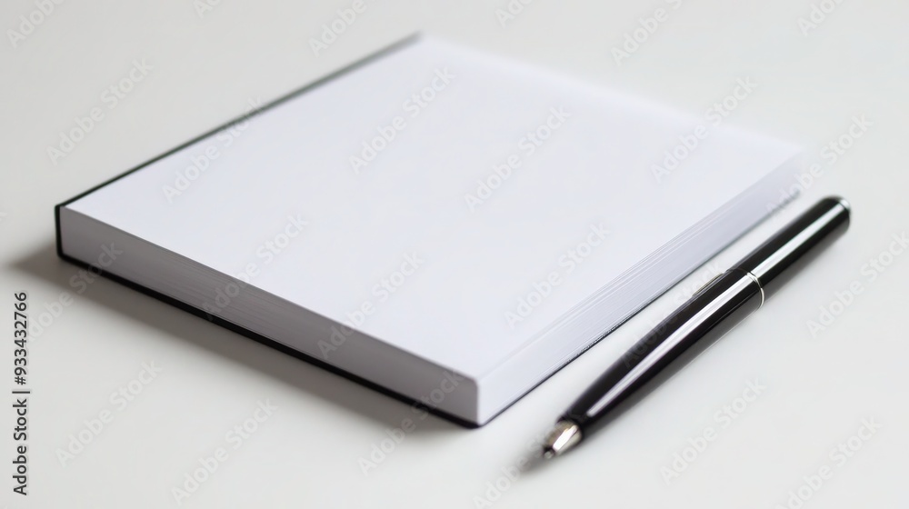 Close-Up Shot of Blank White Notepad with Pen - Office Stationery Supplies Concept Close-Up Shot of Blank White Notepad with Pen - Office Stationery Supplies Concept