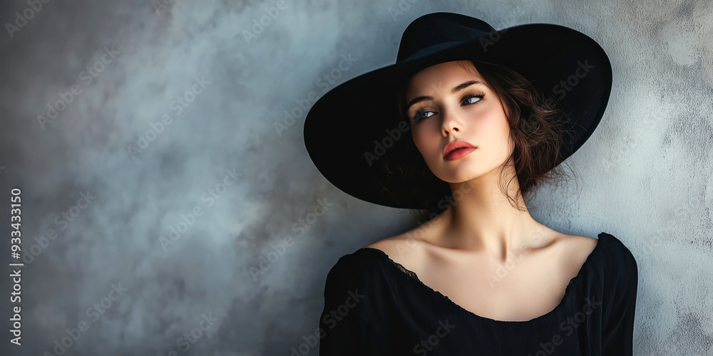 Elegant Woman Wearing Black Hat Against Gray Background Elegant Woman Wearing Black Hat Against Gray Background