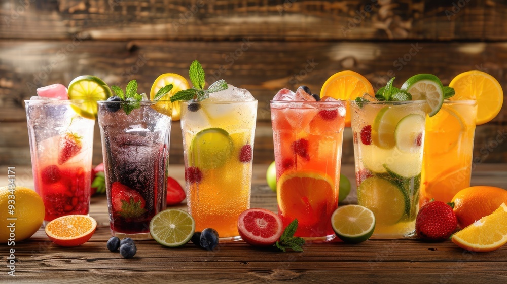 A selection of colorful fruit-based beverages on display, perfect for use in advertising or editorial content A selection of colorful fruit-based beverages on display, perfect for use in advertising or editorial content