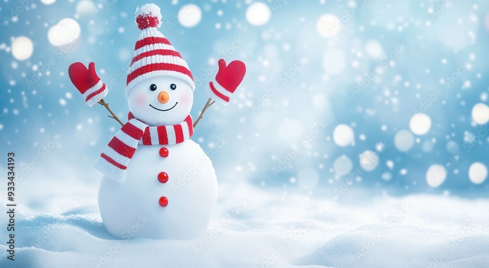 Snowman with red striped hat and scarf in snowy landscape, blue bokeh sky. Snowman with red striped hat and scarf in snowy landscape, blue bokeh sky.