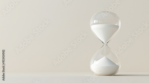 Minimalist hourglass, sand suspended in time, white background, 3D illustration. Copy space for text, No logo, No Trademark, No text photo