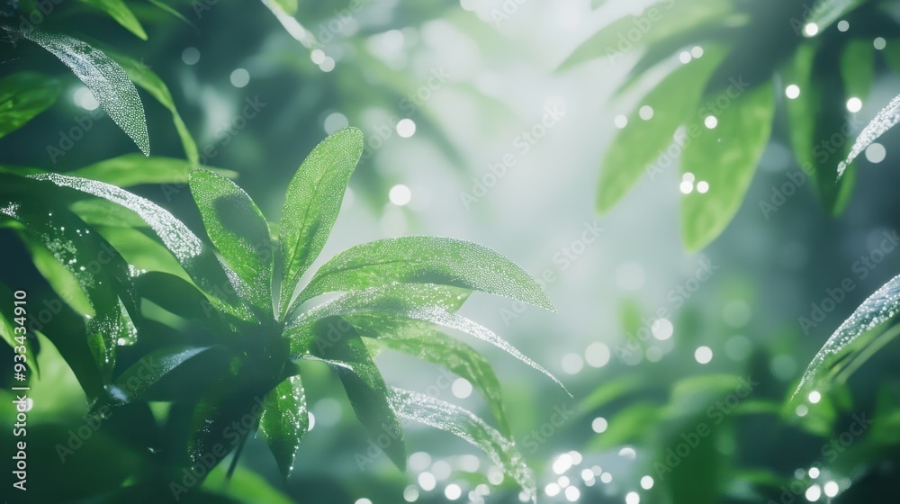 Fototapeta premium Tranquil Nature: Dew-Kissed Green Leaves Under Soft Sunlight