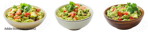 Guacamole Collection in Bowls with Fresh Tomatoes and Cilantro - Isolated on White Transparent Background, PNG 