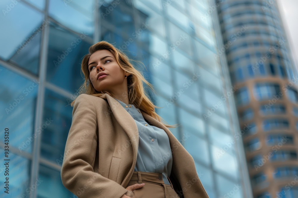 Stylish businesswoman in professional attire, coat and pants, standing before skyscraper, high-resolution magazine cover photo. Stylish businesswoman in professional attire, coat and pants, standing before skyscraper, high-resolution magazine cover photo.