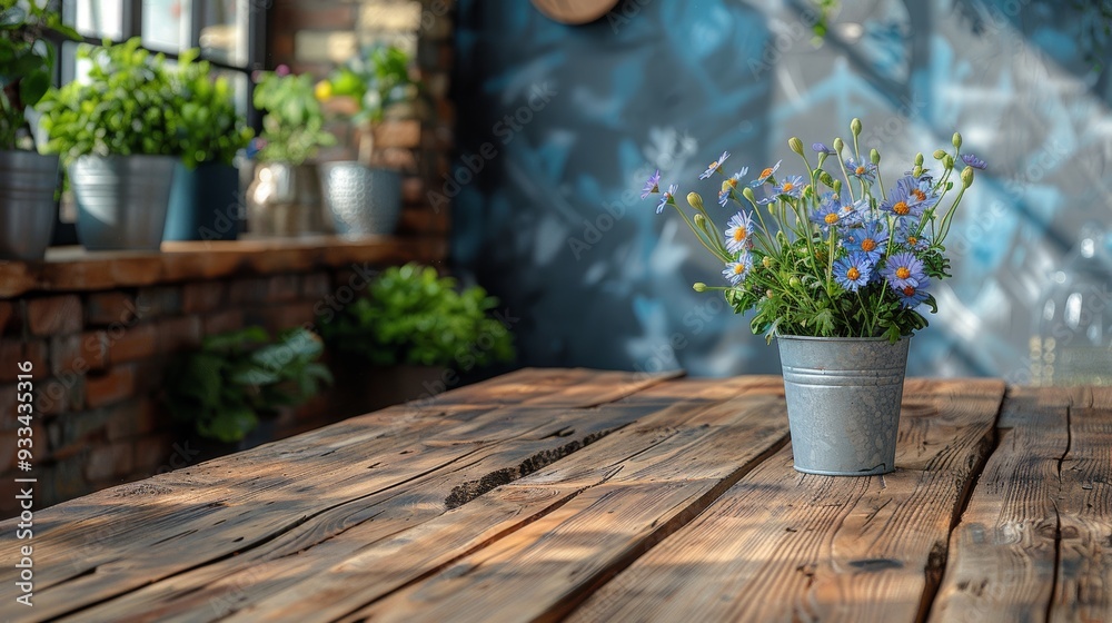 Modern wooden table with flowers in a cozy loft interior