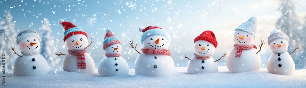 Colorful snowmen in the snow with falling snowflakes, blue sky, panoramic view. Colorful snowmen in the snow with falling snowflakes, blue sky, panoramic view.