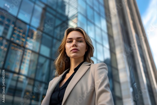 Stylish businesswoman in professional attire, standing against office skyscraper, magazine cover style, high resolution.