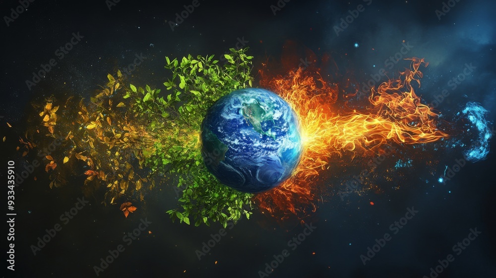 An artistic depiction of Earth showing the contrast between green vegetation and destructive fire, symbolizing nature and environmental concerns. An artistic depiction of Earth showing the contrast between green vegetation and destructive fire, symbolizing nature and environmental concerns.