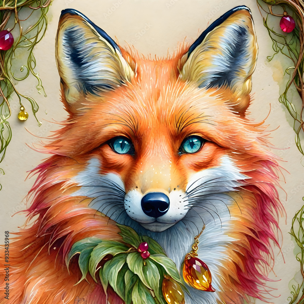Fototapeta premium Simple fox portrait with simple leafs and gems