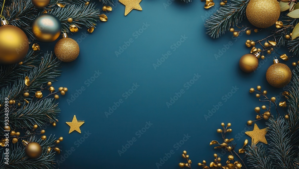 Blue background with gold Christmas decorations, pine branches, and stars. Blue background with gold Christmas decorations, pine branches, and stars.