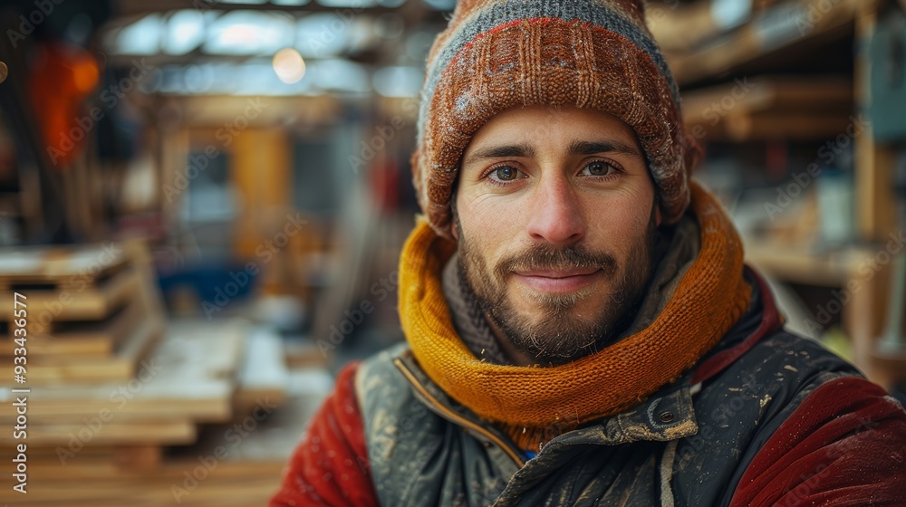 Portrait of young male carpenter in a cozy workshop setting Portrait of young male carpenter in a cozy workshop setting