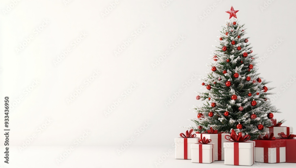 3D Christmas tree with red and white gifts on a pure white background.