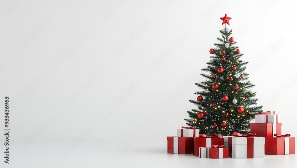 3D Christmas tree with red and white gifts on a pure white background. 3D Christmas tree with red and white gifts on a pure white background.