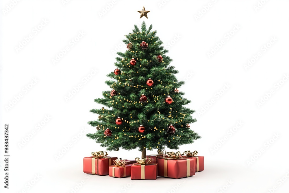 3D Christmas tree with red and white gifts on a pure white background. 3D Christmas tree with red and white gifts on a pure white background.