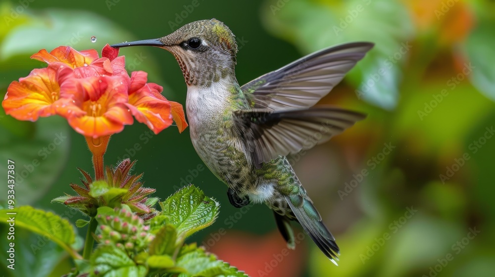 Fototapeta premium Ruby-throated hummingbird sipping nectar from vibrant flower in garden