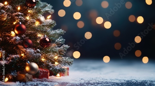 A christmas tree with lights and ornaments on it, AI