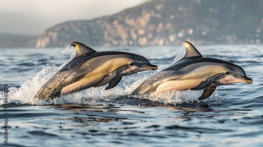 Obraz premium Two dolphins leaping from the ocean's surface