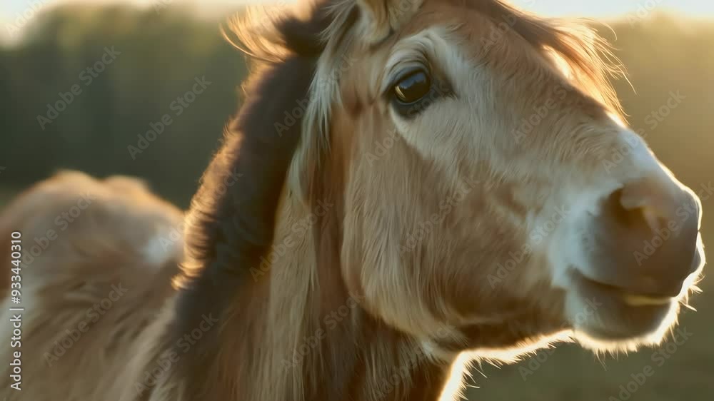 Young foal with big brown eyes and soft mane, standing in a paddock.