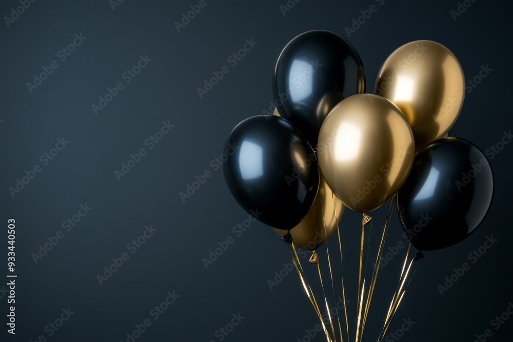 Several black and gold balloons are seen floating against a dark, minimalistic background, representing a sophisticated yet festive atmosphere for special events. Several black and gold balloons are seen floating against a dark, minimalistic background, representing a sophisticated yet festive atmosphere for special events.