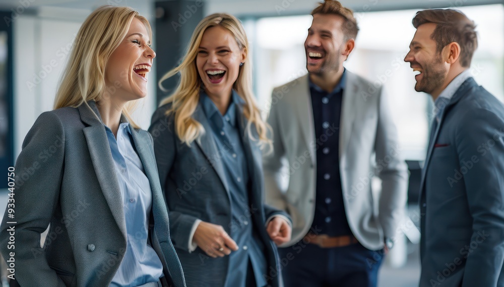 Three businesspeople in a modern office, blonde woman laughing, two men in grey and blue jackets, corporate teamwork, bright meeting room. Three businesspeople in a modern office, blonde woman laughing, two men in grey and blue jackets, corporate teamwork, bright meeting room.